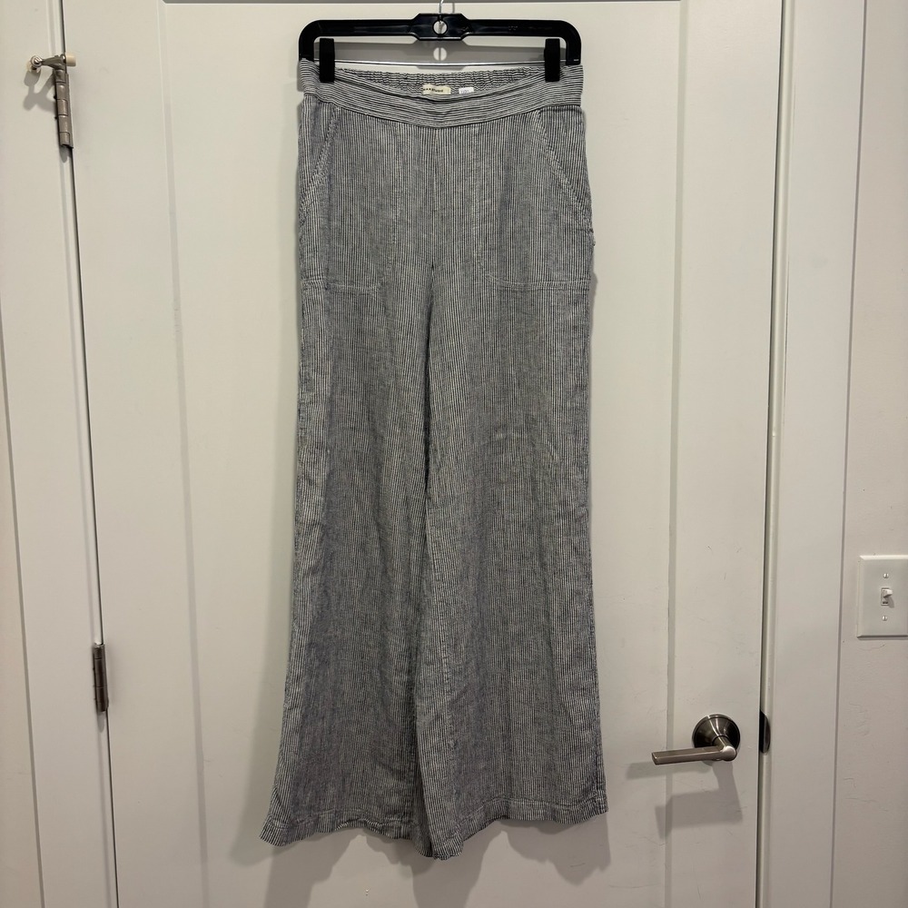 Max Studio Blue White Striped‎ Wide Leg Linen Blend Pants High Rise Coastal L